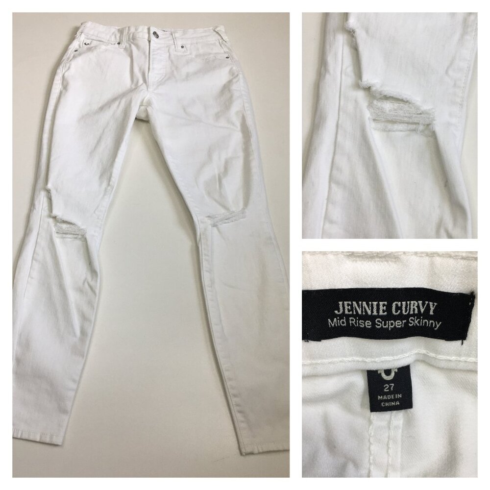 TRUE RELIGION 5 Pocket White Jennie Curvy Distressed Mid Rise Super Skinny Jeans